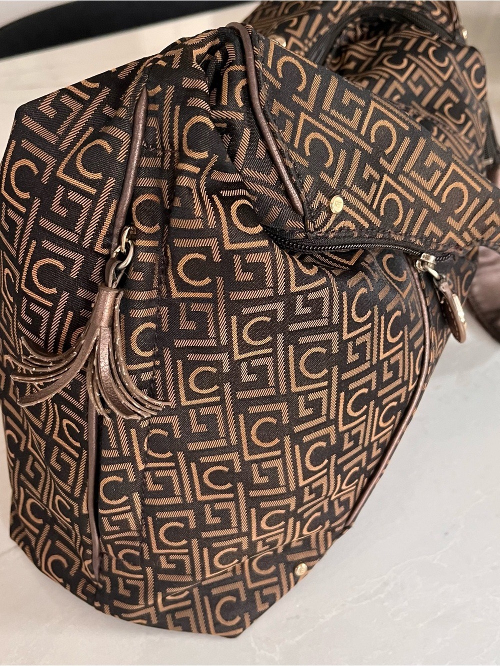 Patterned Brown Shoulder Bag with Monogram Design Liz Claiborne